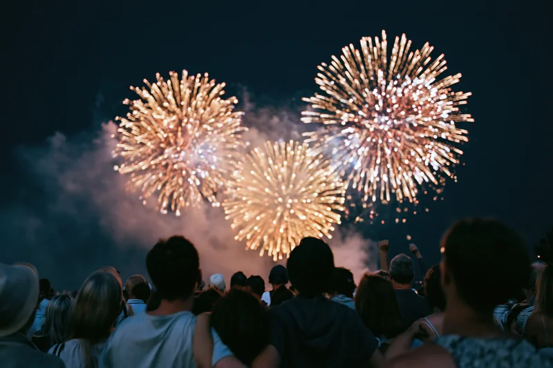Crowd watching fireworks display at night outdoors