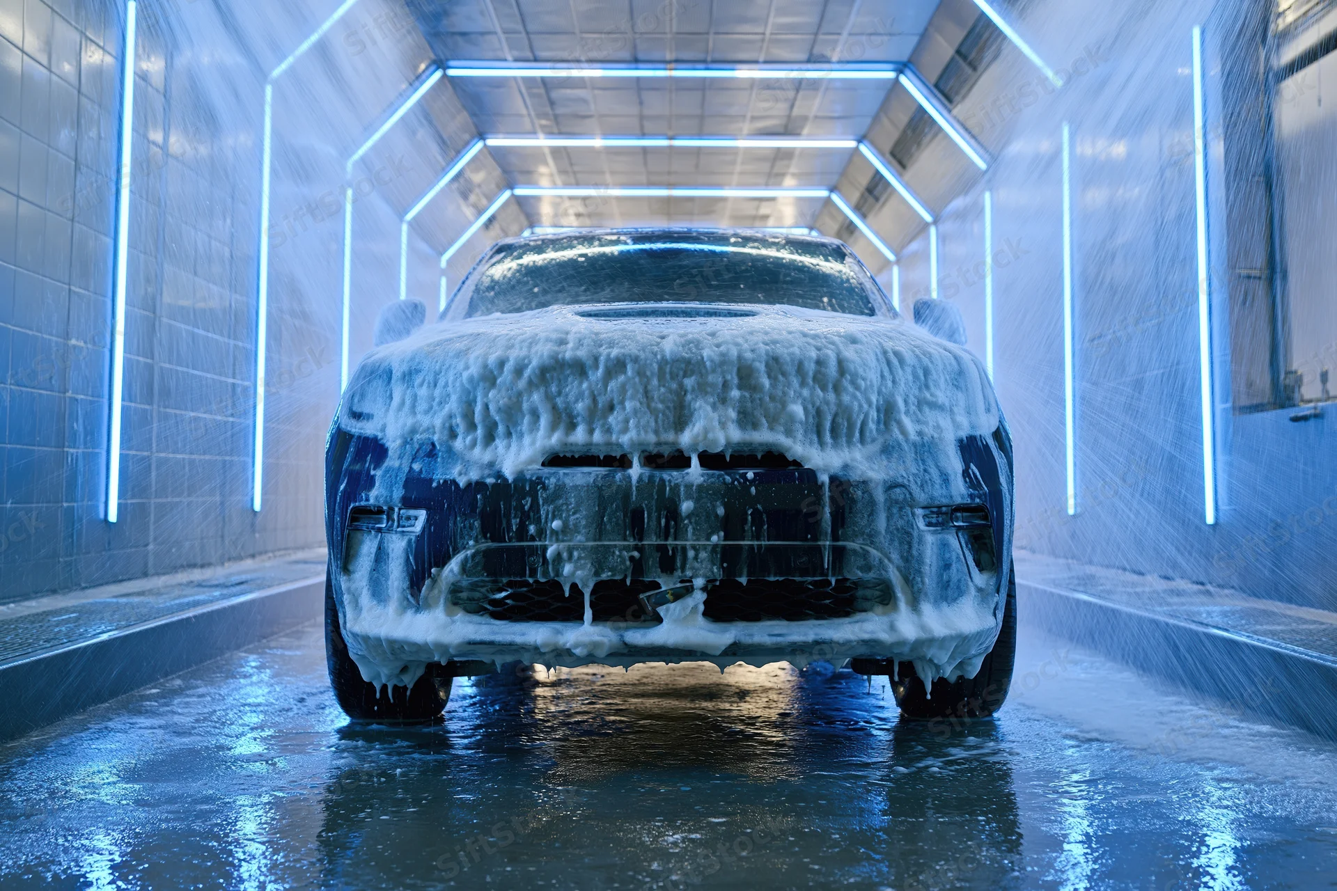 Dark suv covered in foam moving through automated car wash tunnel with blue neon lights