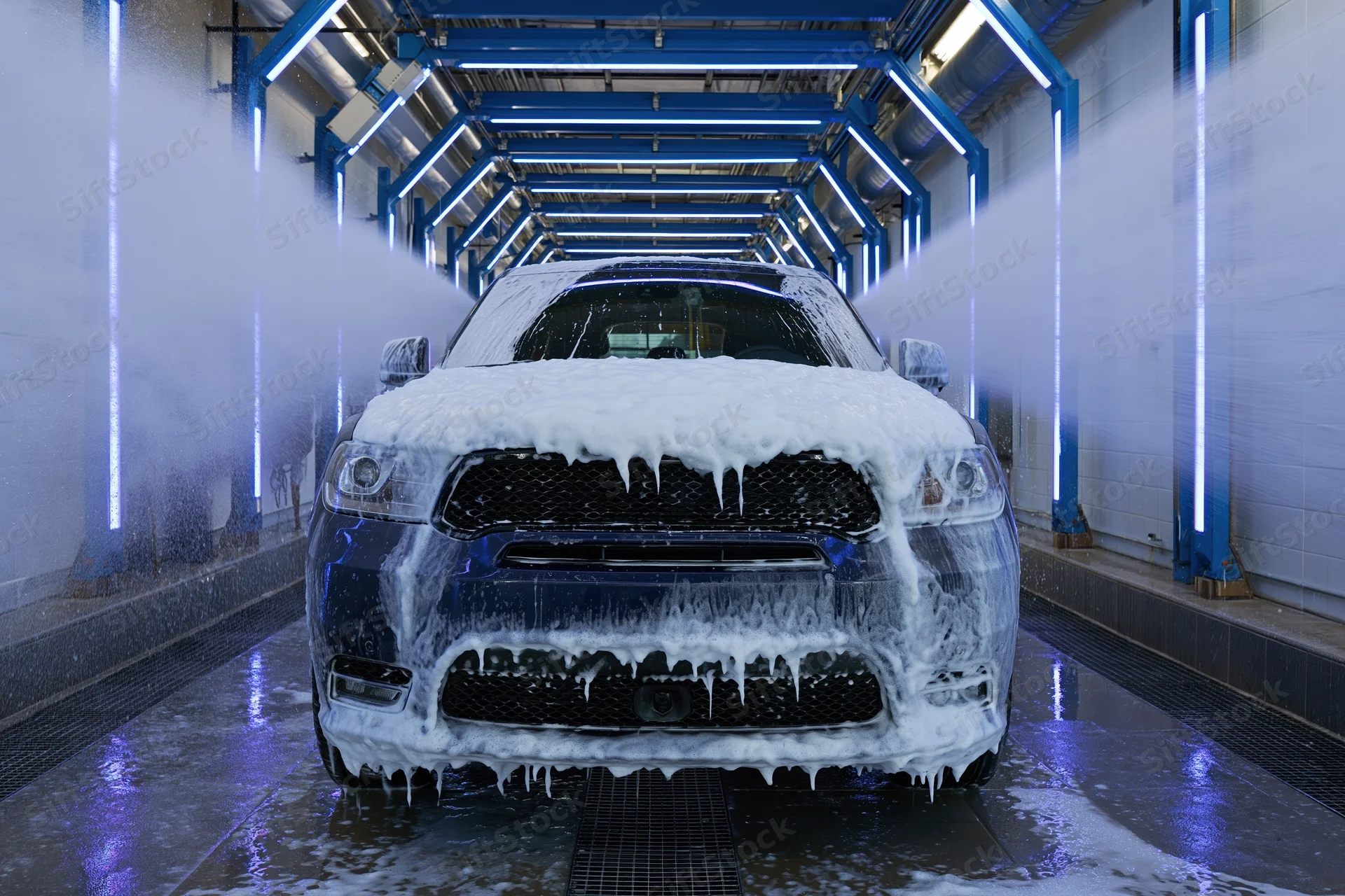 Dark suv covered in foam moving through automated car wash tunnel