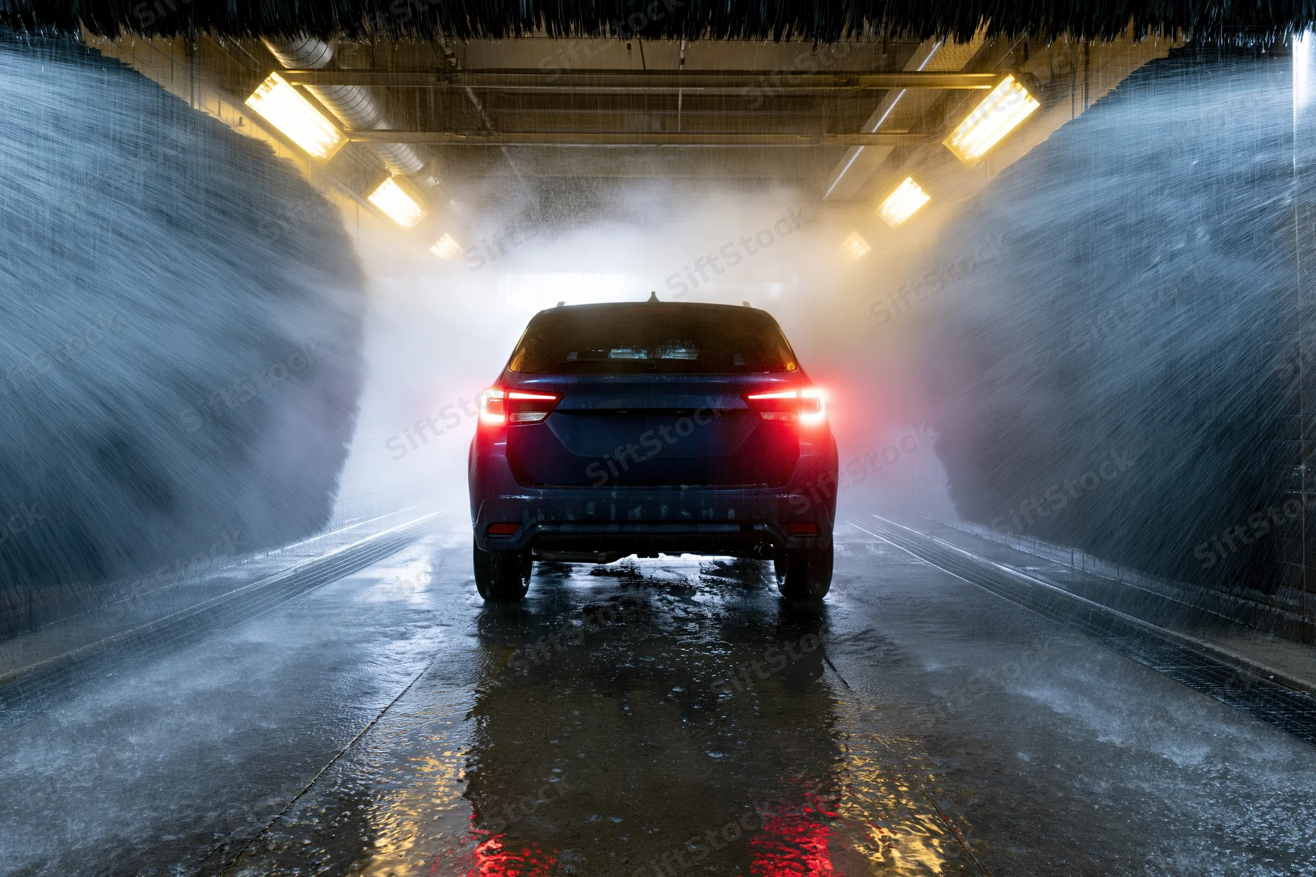 Dark blue suv moving through automated car wash tunnel with water spraying from sides and lights above