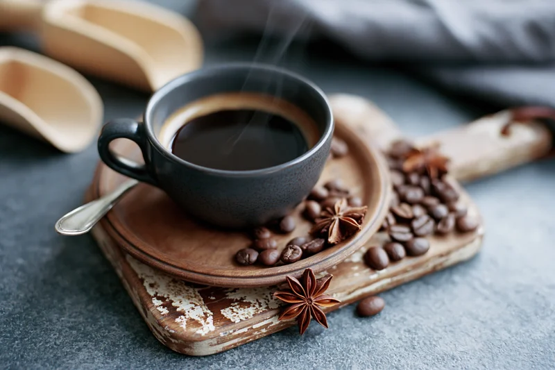 Steaming dark ceramic espresso cup on wooden tray with coffee beans and star anise on gray surface