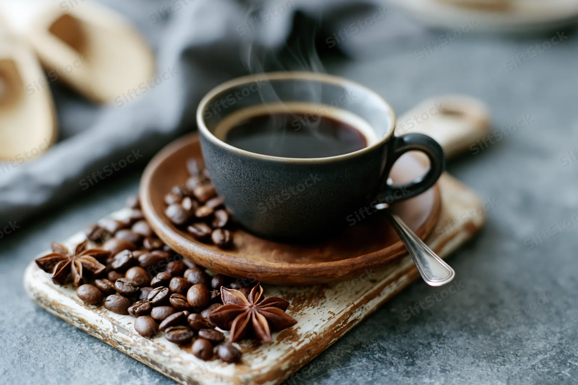 Dark ceramic espresso cup filled with steaming black coffee on a wooden saucer surrounded by coffee beans and star anise on a rustic tray