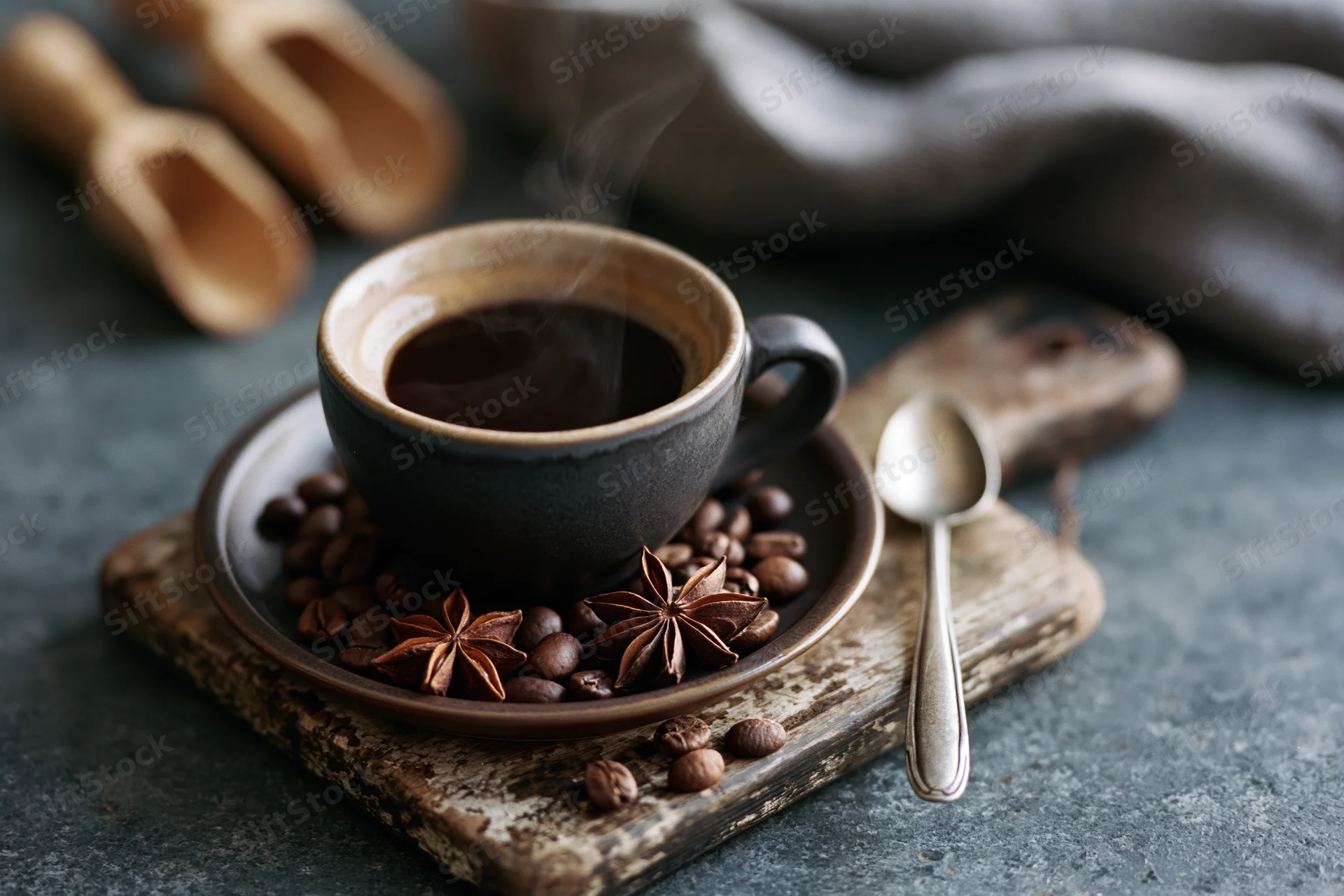 Dark ceramic espresso cup filled with steaming black coffee on a wooden tray with coffee beans and star anise
