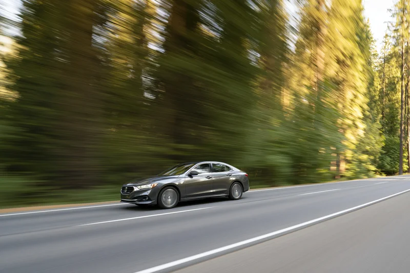 Dark silver sedan driving fast along a two-lane forest road