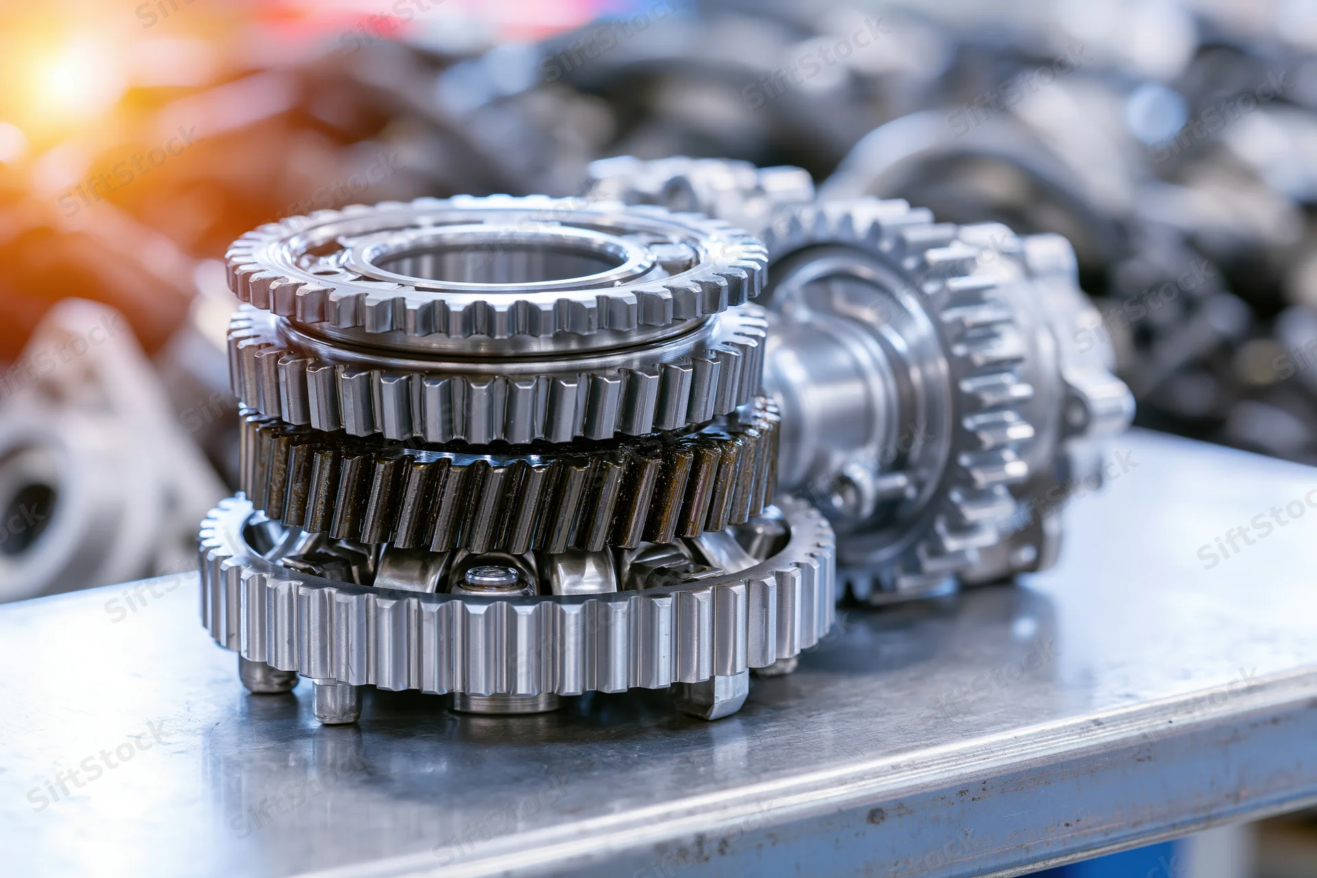 Stacked transmission gears on a metal workbench in a workshop