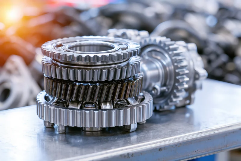 Stacked transmission gears on a metal workbench in a workshop