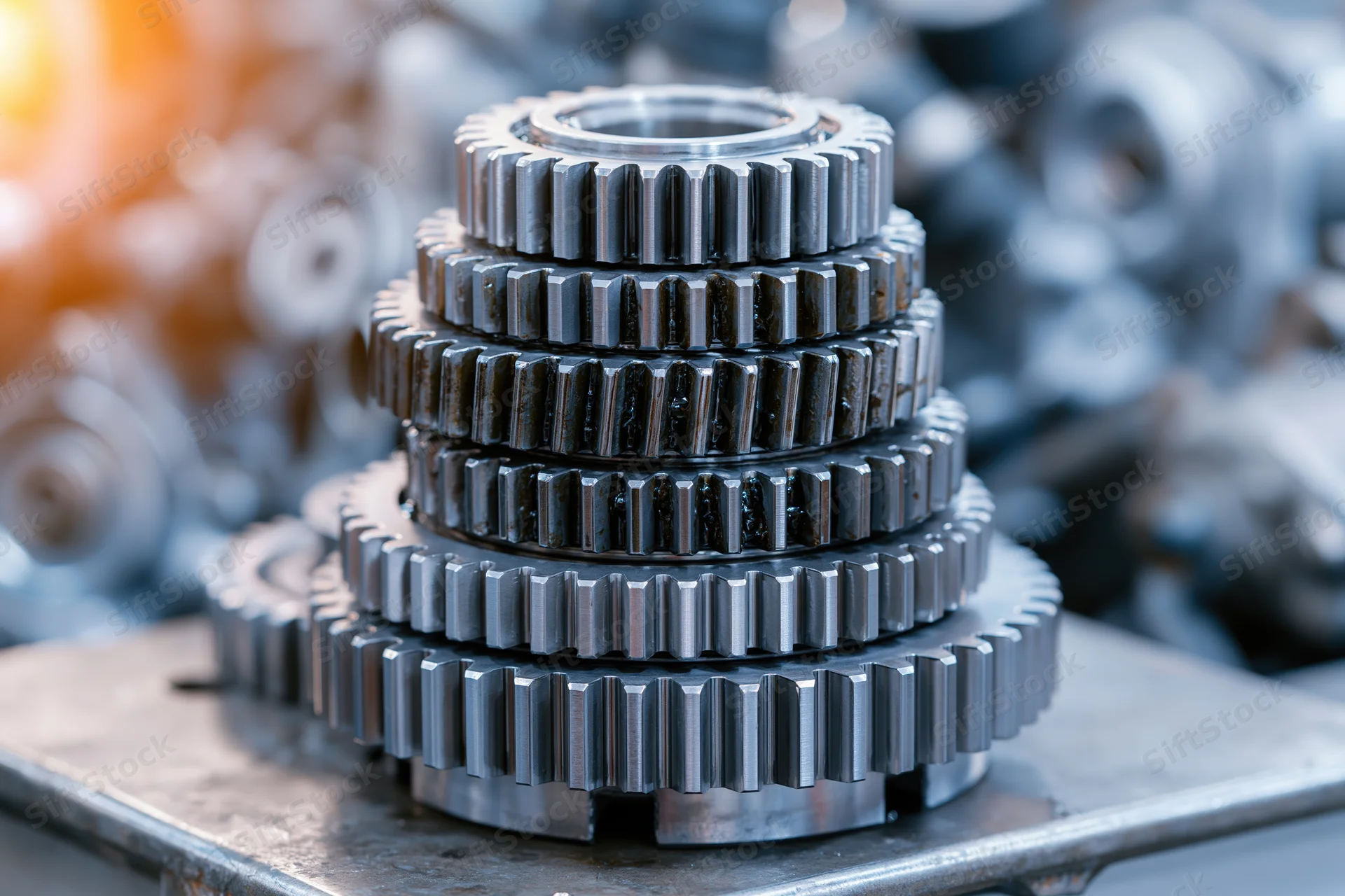 Stacked metal gears from a disassembled automotive transmission on a workbench