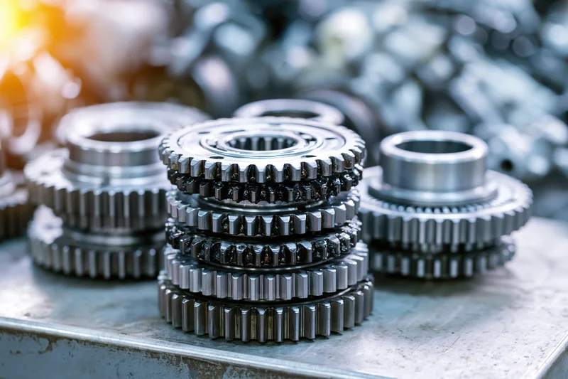 Stacked metal gears from an automotive transmission on a workbench