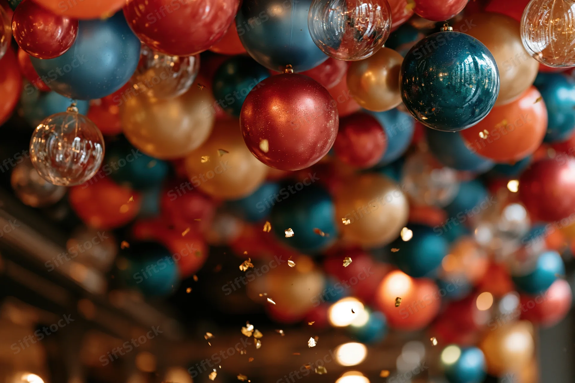 Colorful balloons and glass ornaments hanging in a festive cluster with falling confetti and warm lights in the background
