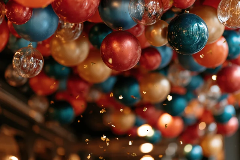 Colorful balloons and glass ornaments hanging in a festive cluster with falling confetti and warm lights in the background