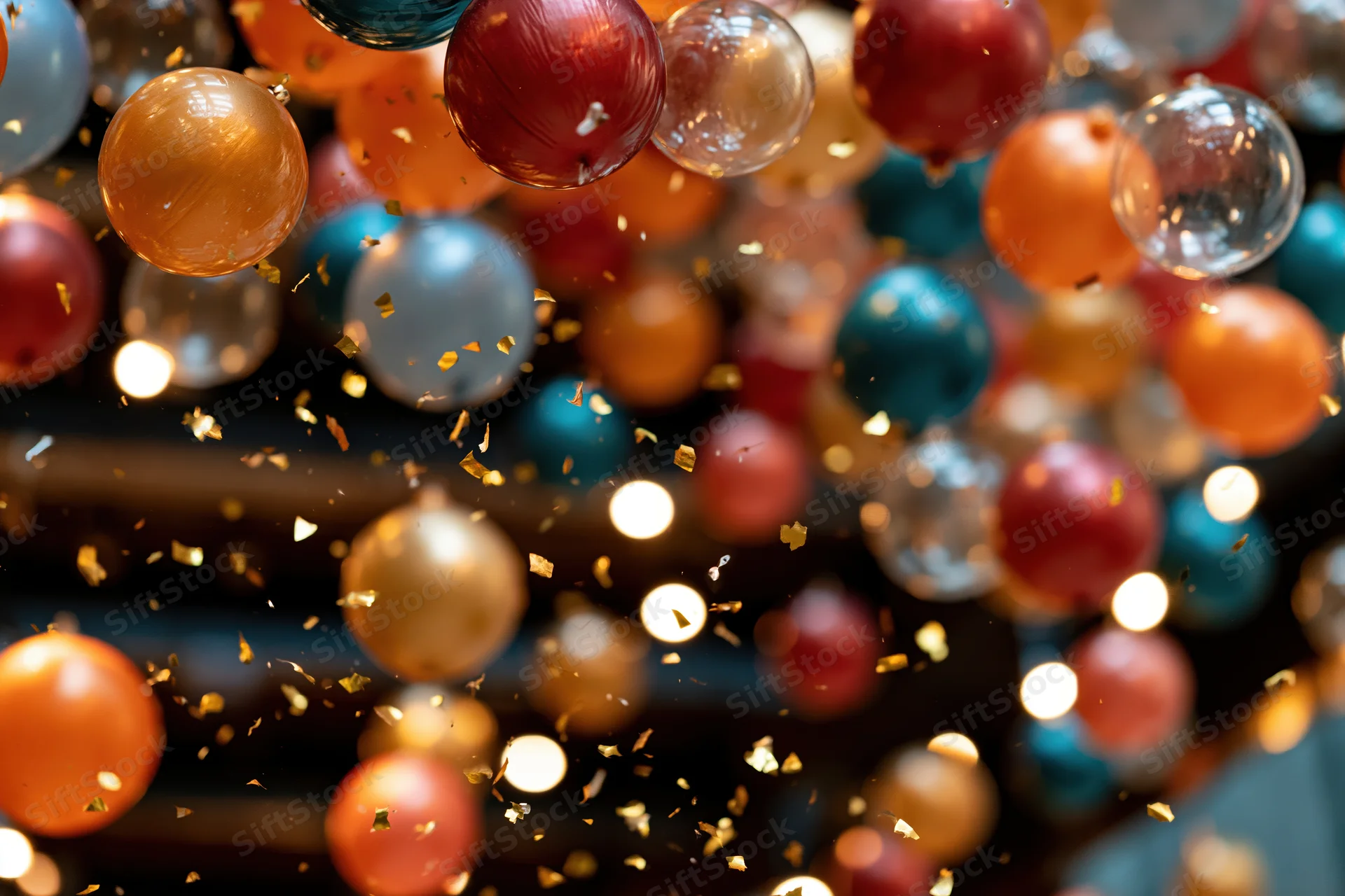 Colorful balloons and glass ornaments floating in a festive indoor setting with confetti and bokeh lights