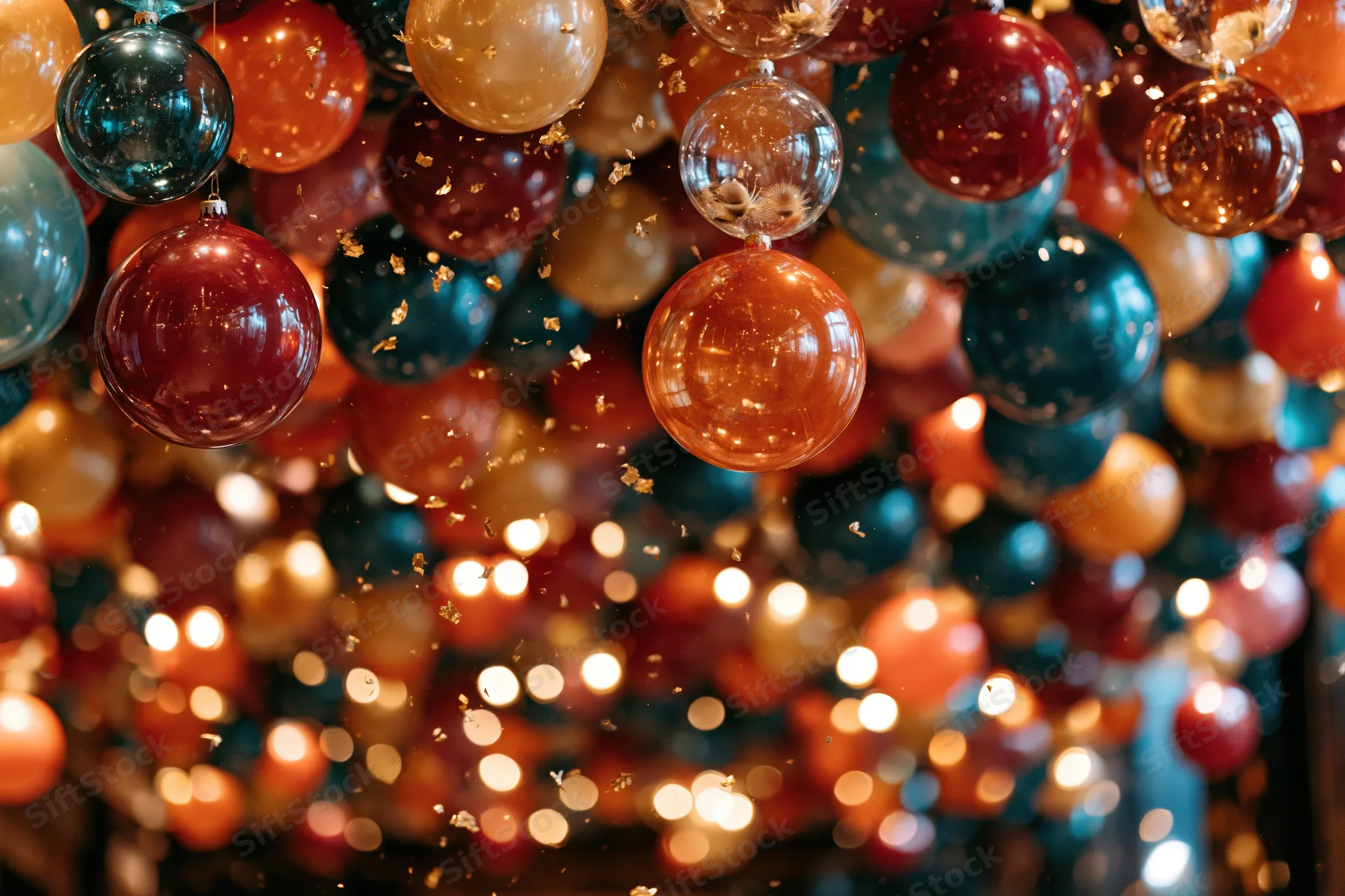 Colorful balloons and glass ornaments hanging in a festive cluster with warm lights and glitter in the background