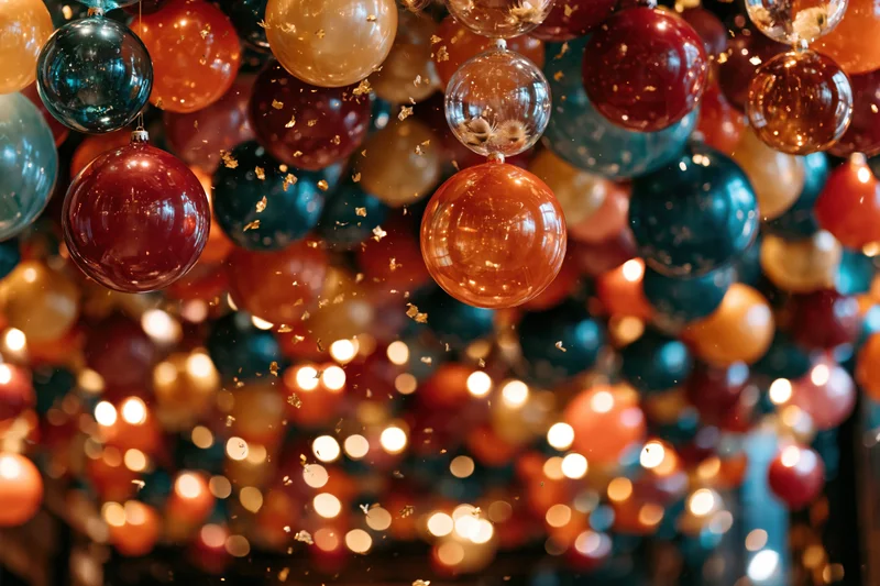 Colorful balloons and glass ornaments hanging in a festive cluster with warm lights and glitter in the background