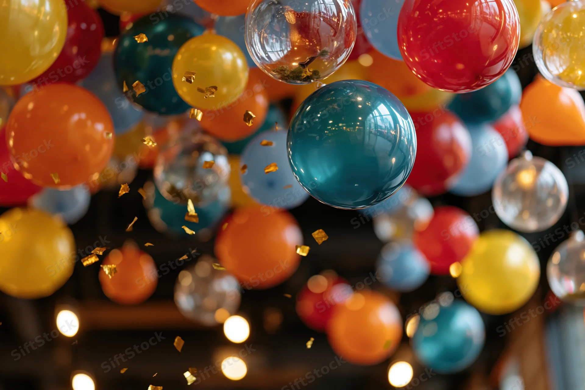 Colorful balloons and glass ornaments floating in a festive indoor setting with warm lights and falling confetti