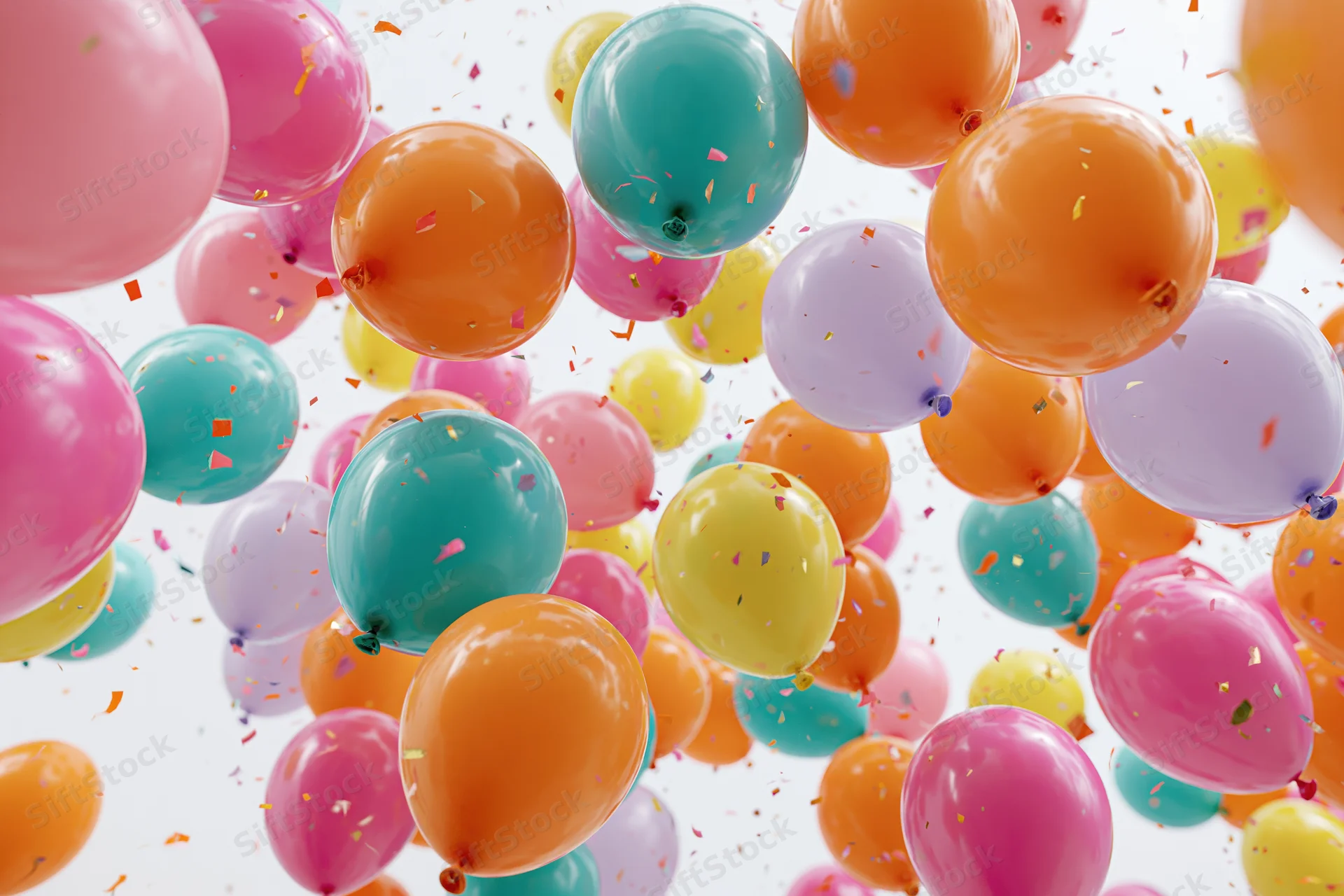 Colorful latex balloons floating upward with confetti against white background