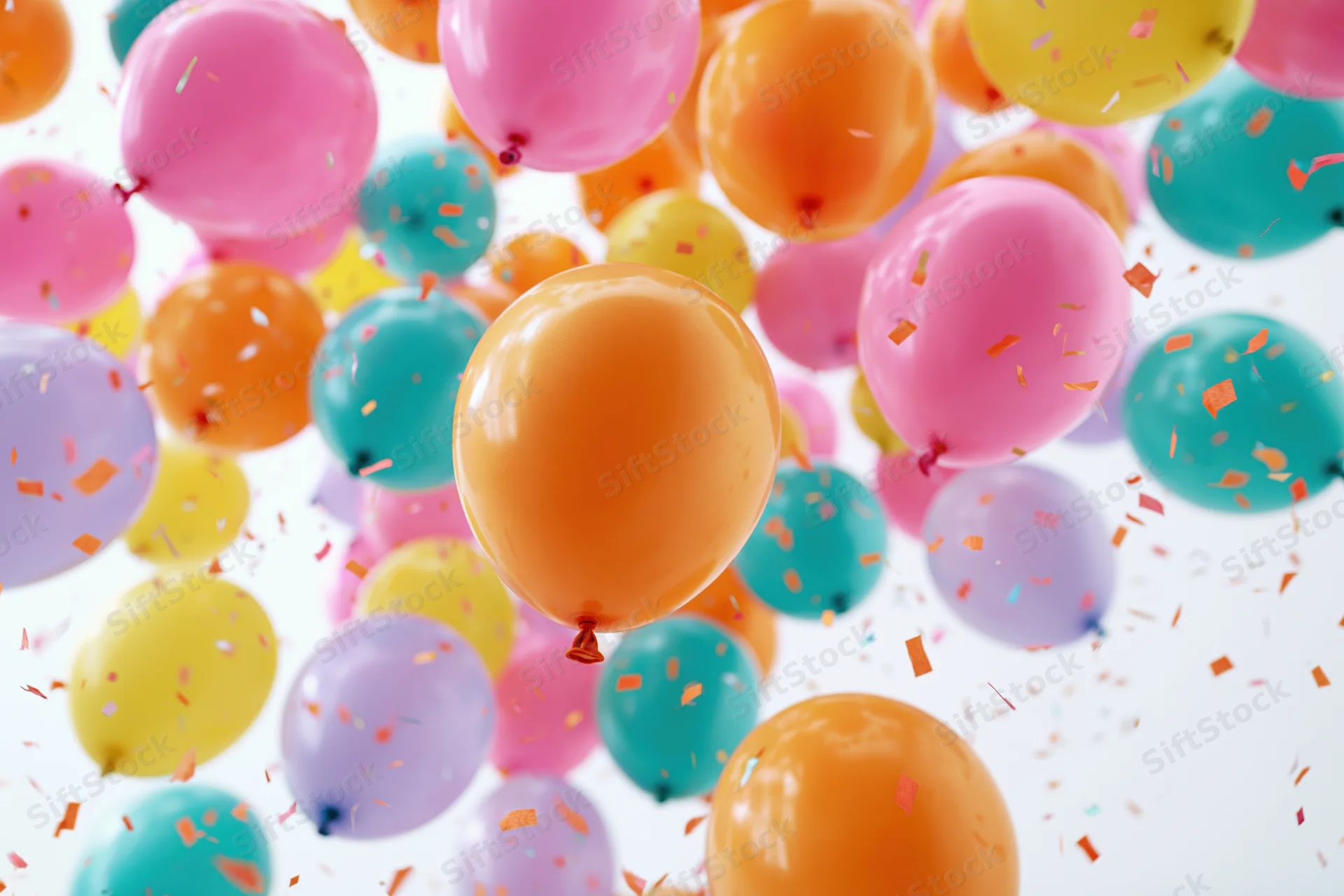 Colorful latex balloons floating upward with confetti against white background
