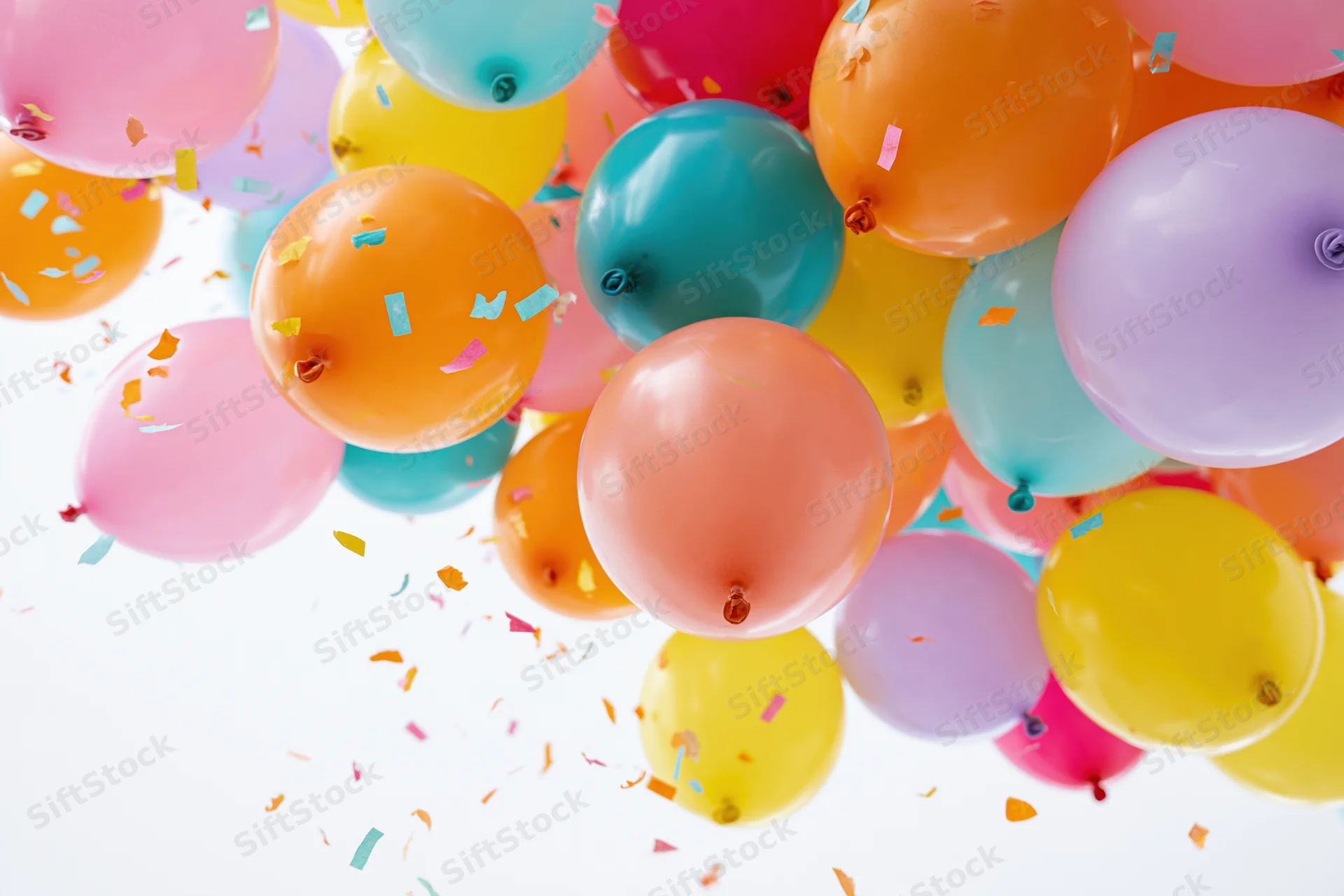 Colorful latex balloons floating upward with confetti against white background