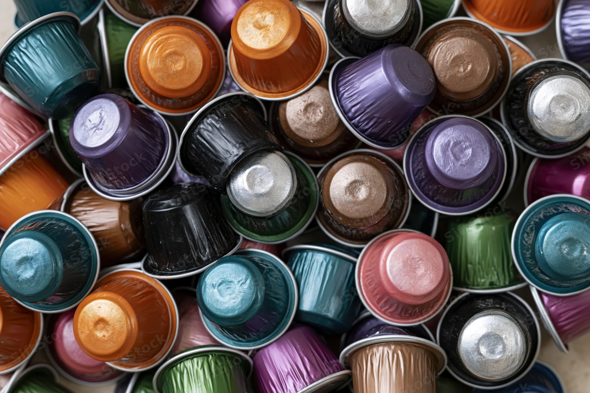 Used coffee capsules piled together in a colorful heap on a flat surface