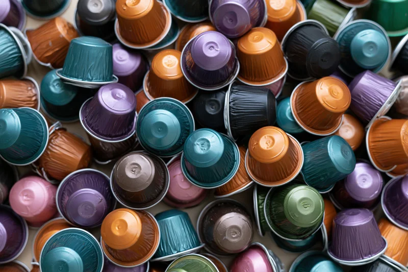 Used coffee capsules piled loosely on a surface