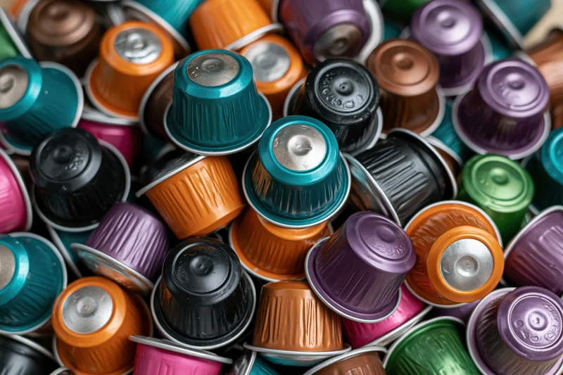 Used coffee capsules piled together in a colorful heap
