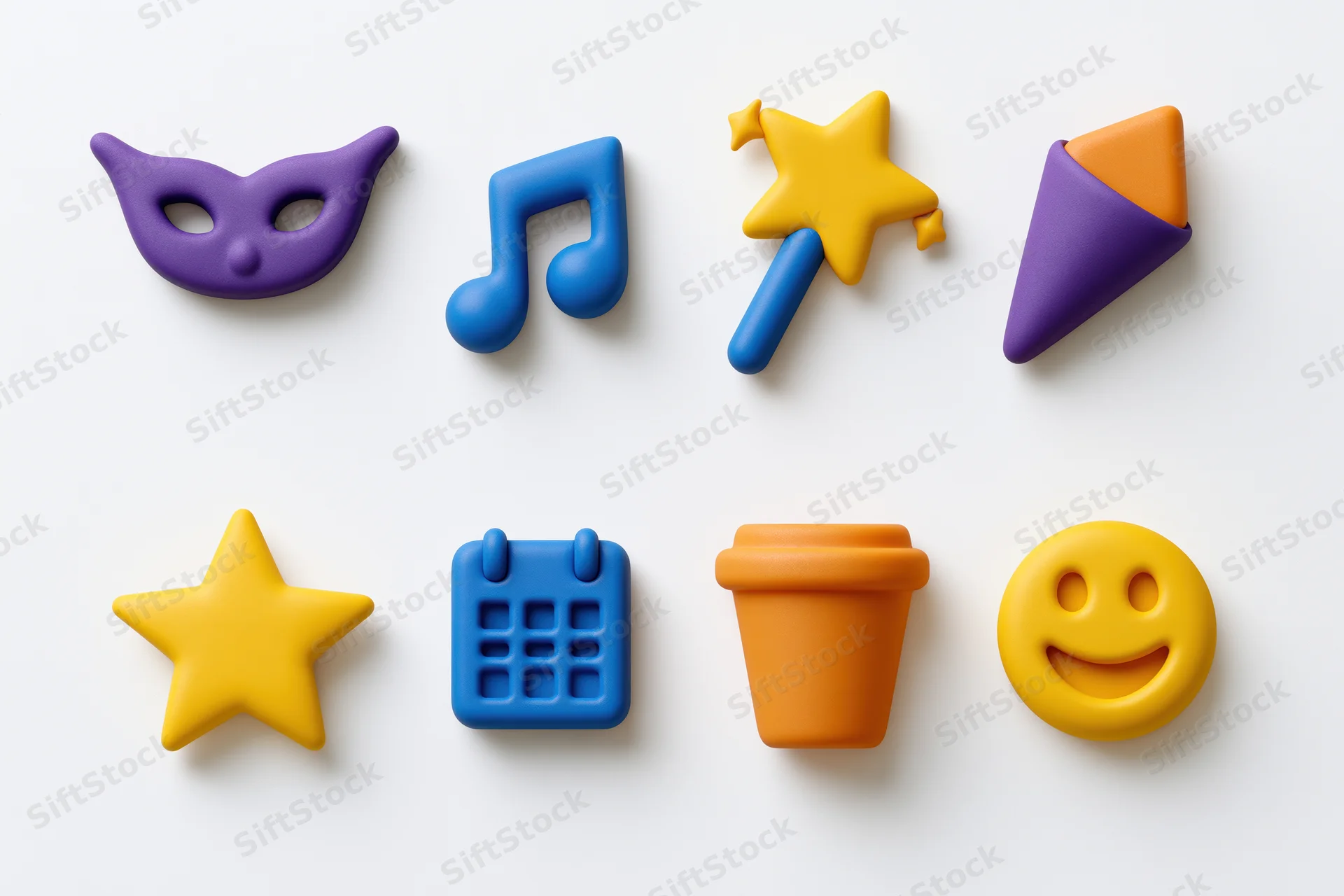 Eight colorful 3d clay-style icons arranged in two rows on white background