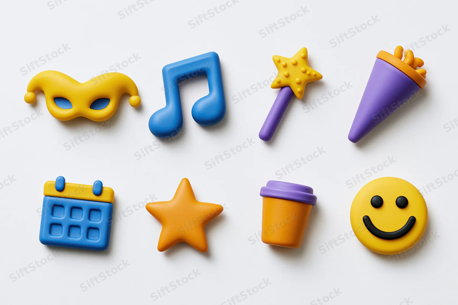 Eight colorful 3d clay-style icons arranged in two rows on white background