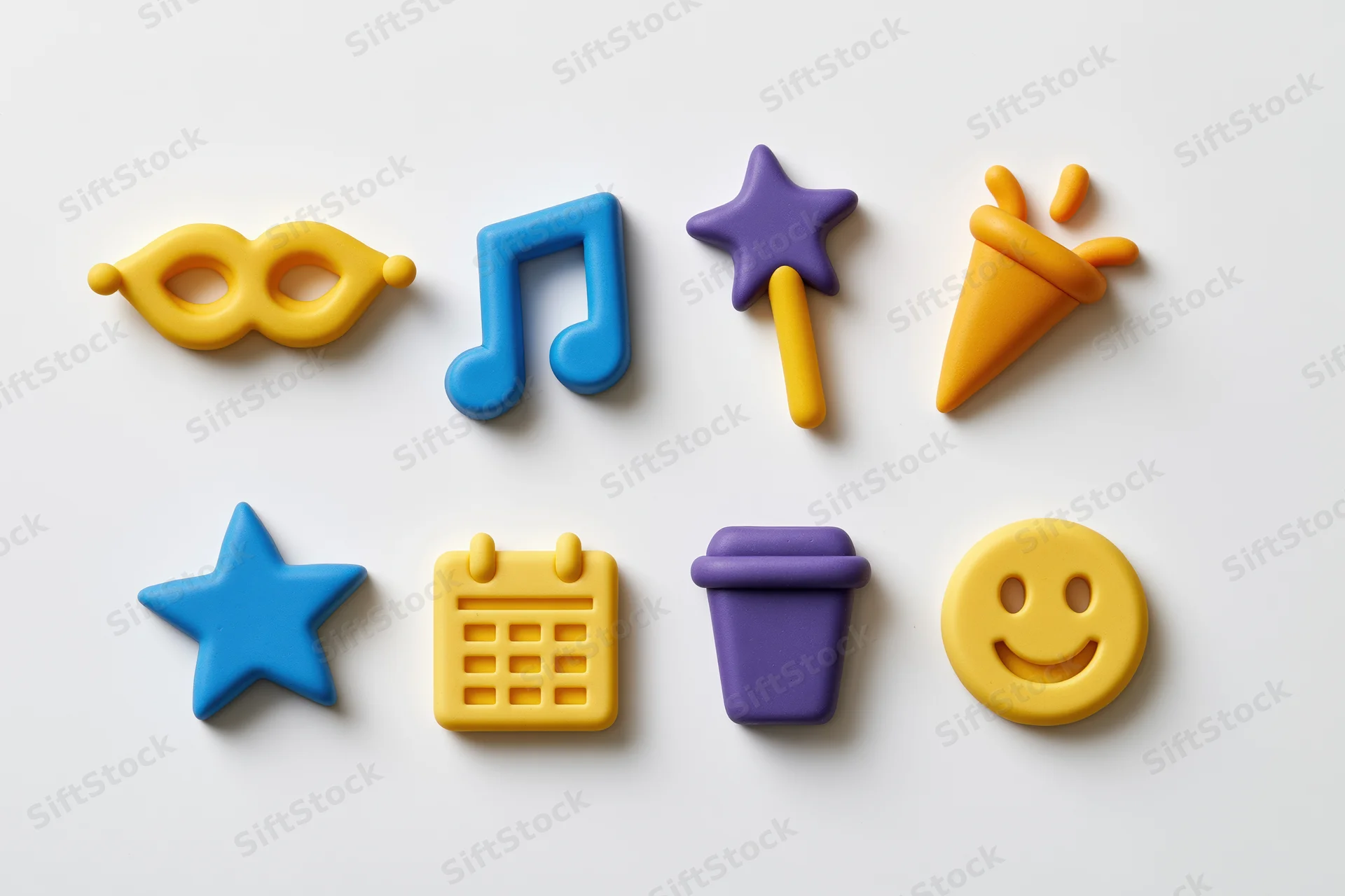 Eight colorful 3d clay-style icons arranged in two rows on white background
