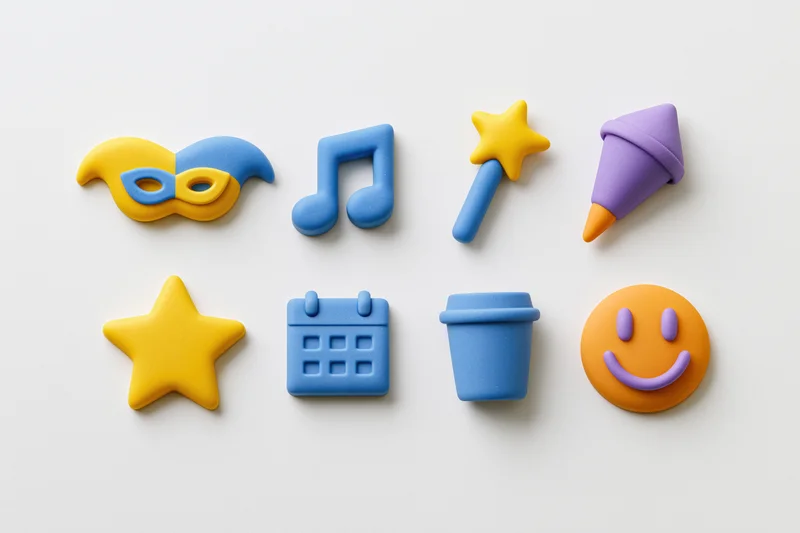 Eight colorful clay-style icons arranged in two rows on white background