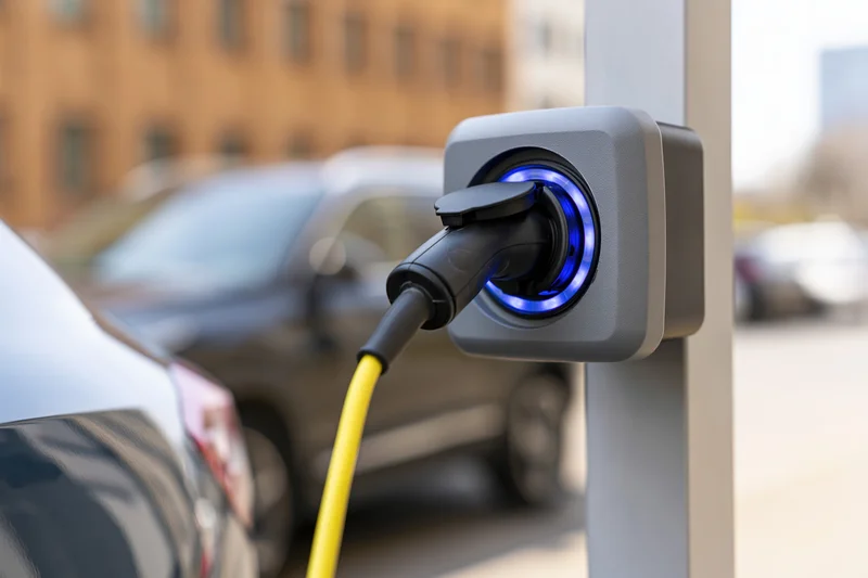 Electric vehicle charging connector plugged into public station on city street