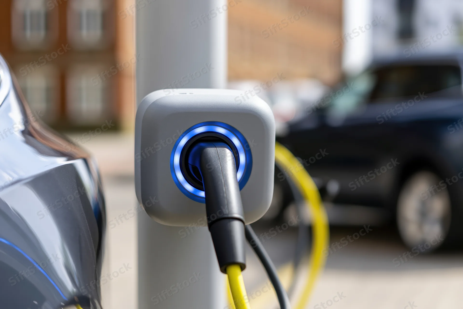 Electric vehicle charging connector plugged into public station on city street