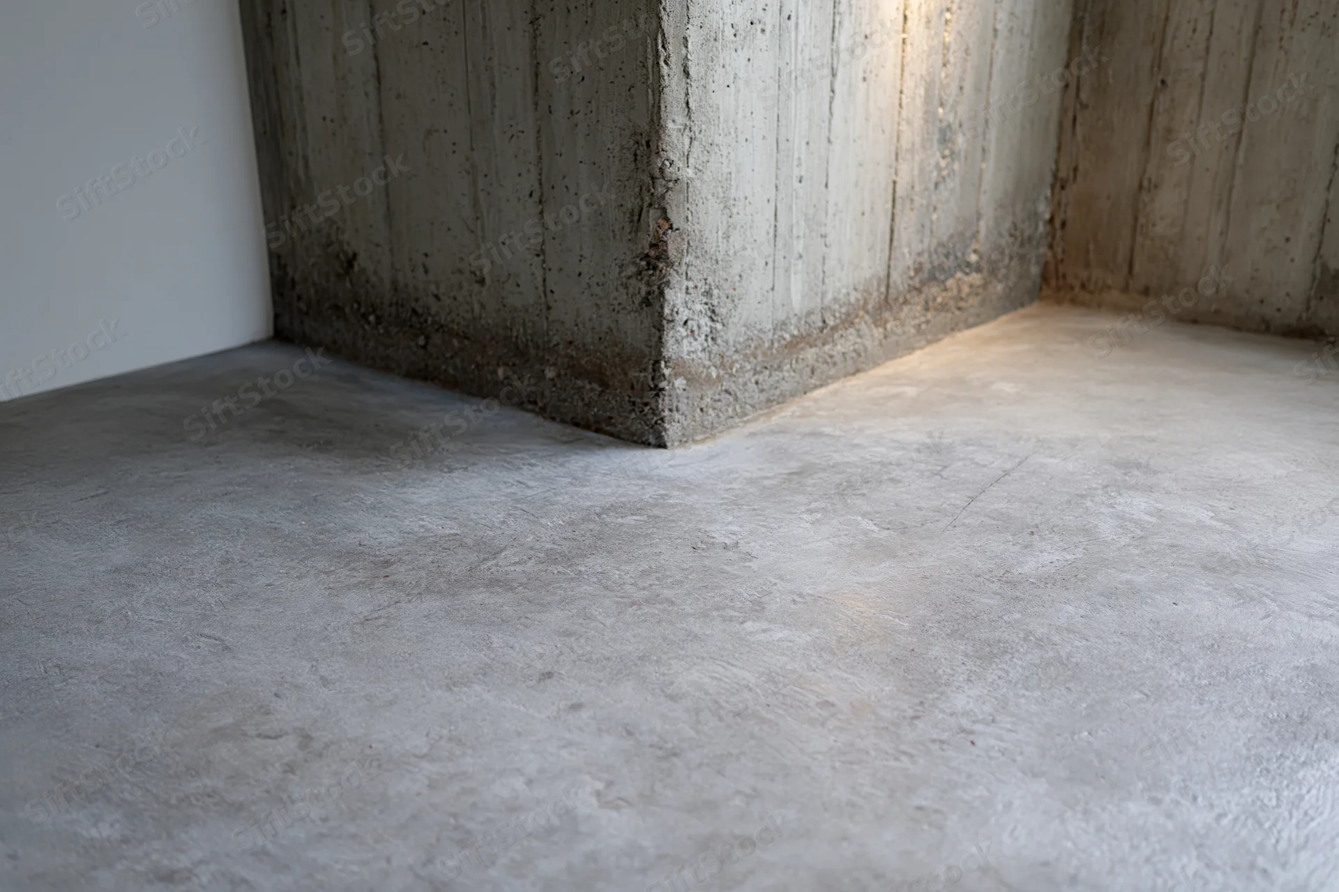 Polished concrete floor meeting a rough concrete pillar in an empty room interior