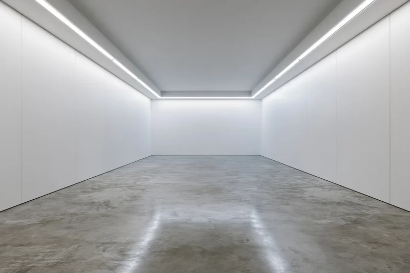 Empty modern gallery interior with white walls and concrete floor under recessed fluorescent lighting