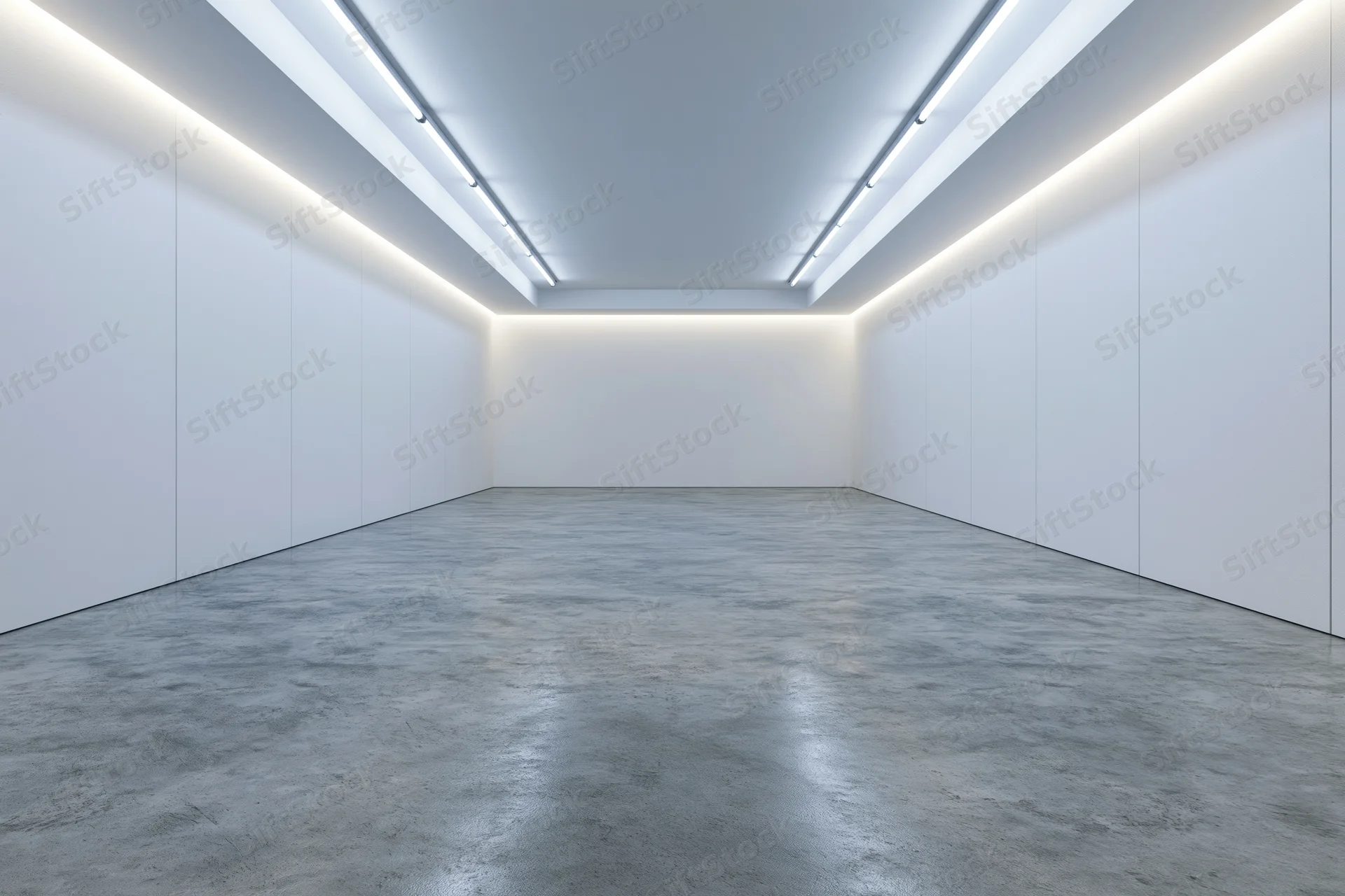 Empty modern gallery interior with white walls and concrete floor under linear ceiling lights