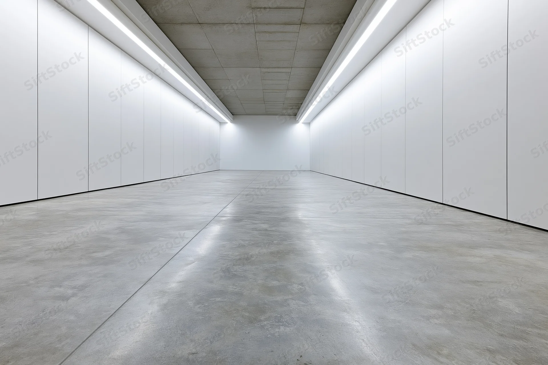 Empty modern gallery interior with white walls and concrete floor illuminated by linear fluorescent lights