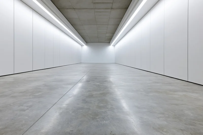 Empty modern gallery interior with white walls and concrete floor illuminated by linear fluorescent lights