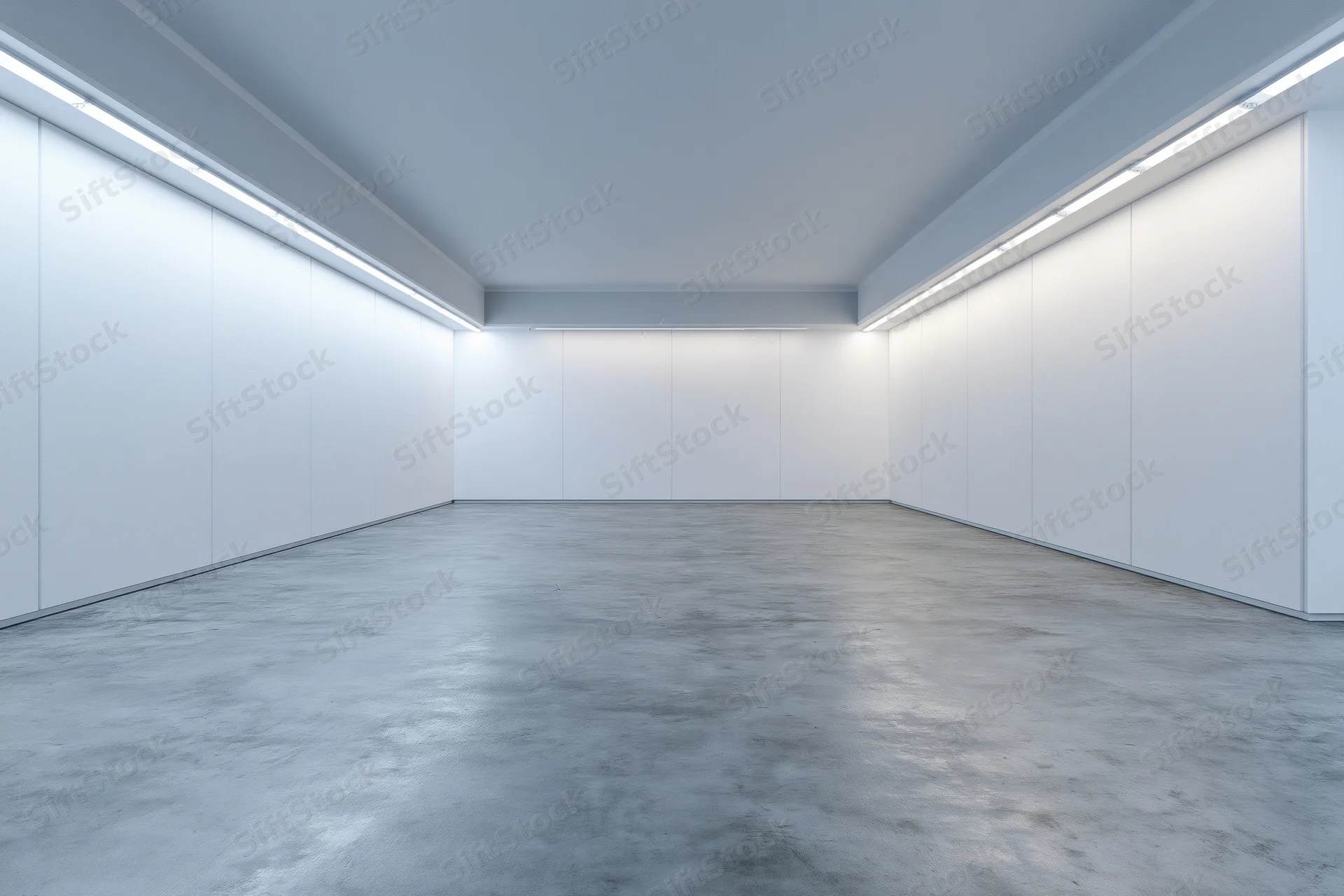 Empty modern gallery interior with white walls and concrete floor under fluorescent strip lighting