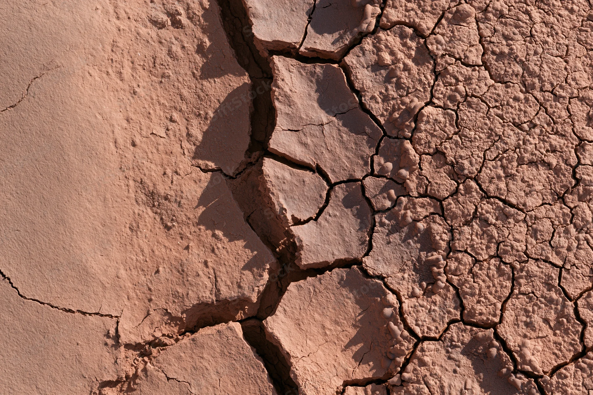 Close-up of cracked dry earth surface under sunlight