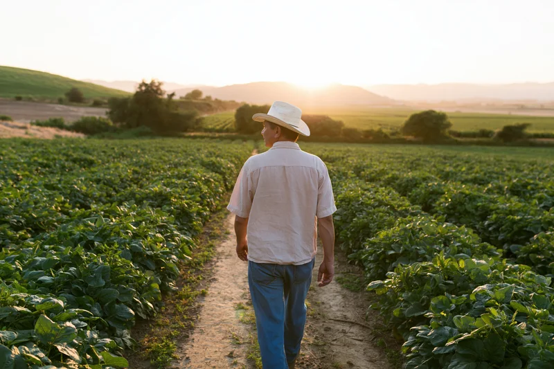 Farmer walking along a dirt path through a soybean field at sunset