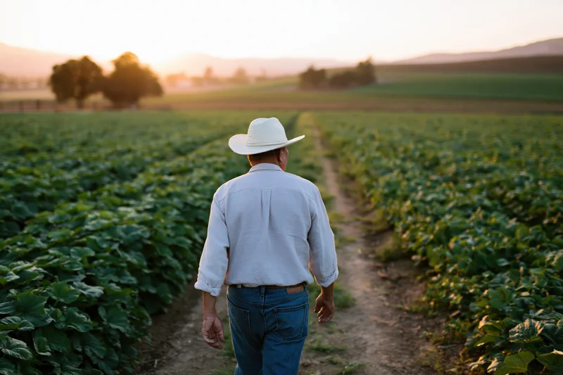 Farmer walking along dirt path through crop field at sunset