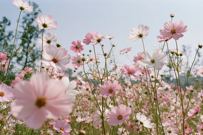 Field of cosmos flowers in full bloom shot from ground level