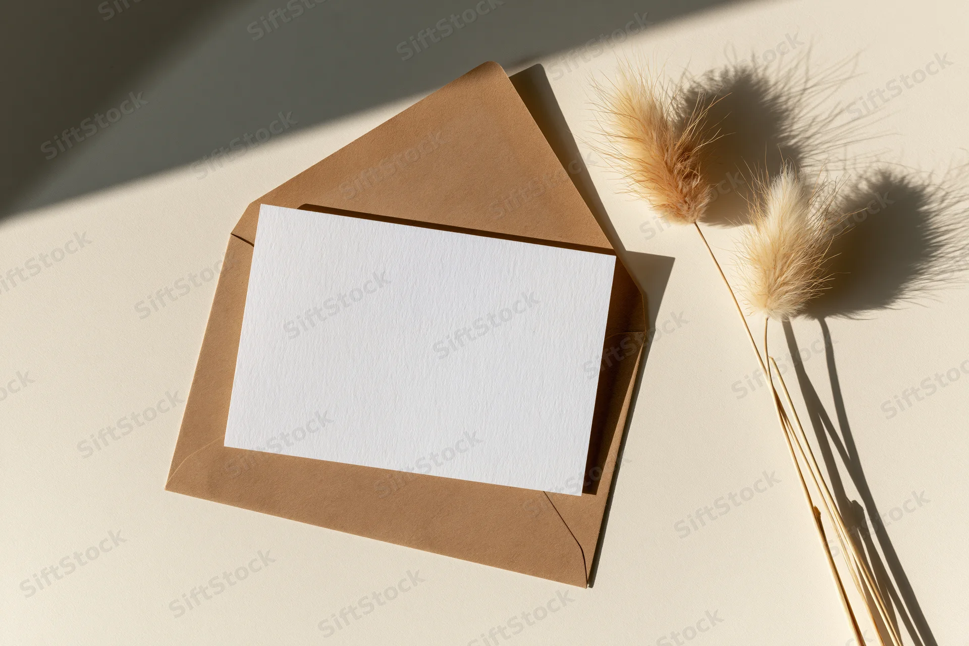 Blank white card in open kraft envelope with dried pampas grass on light surface