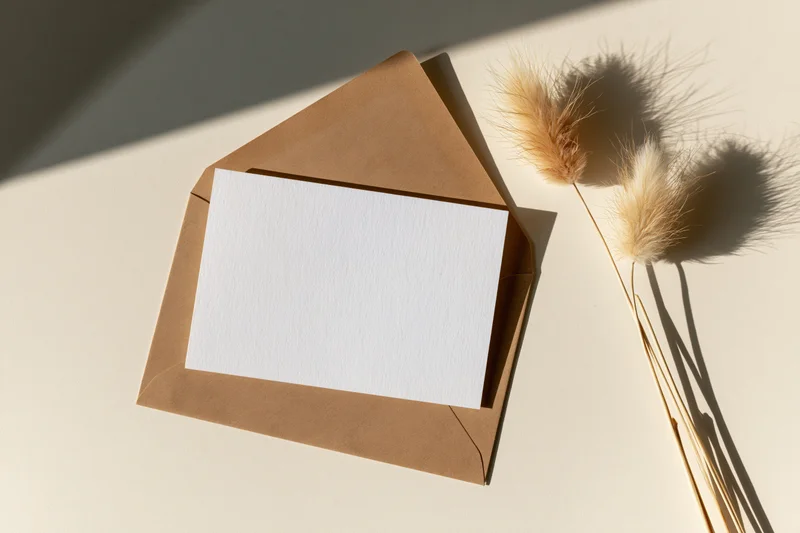 Blank white card in open kraft envelope with dried pampas grass on light surface