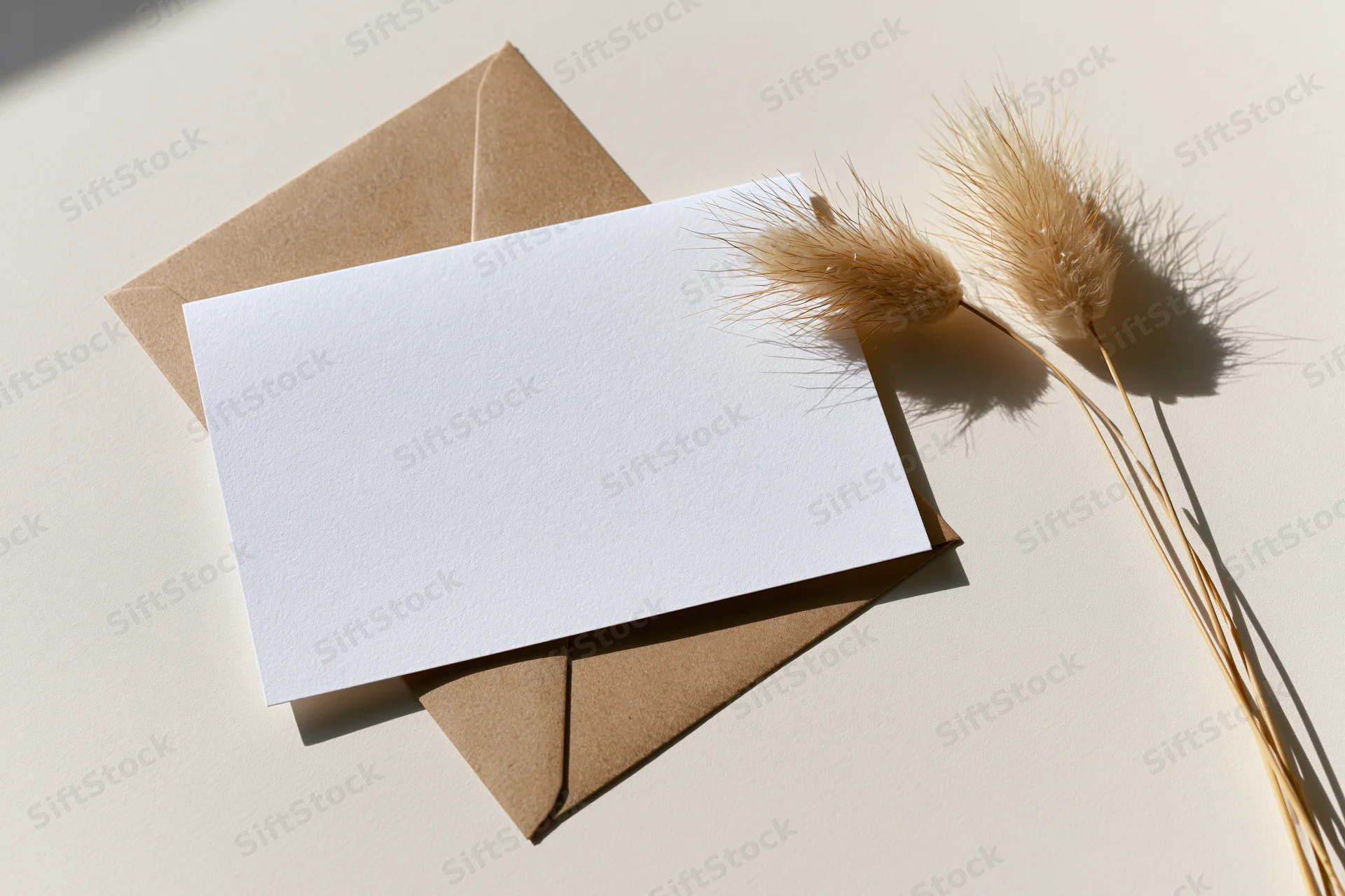 Blank white card on kraft envelope with dried pampas grass in flat lay arrangement