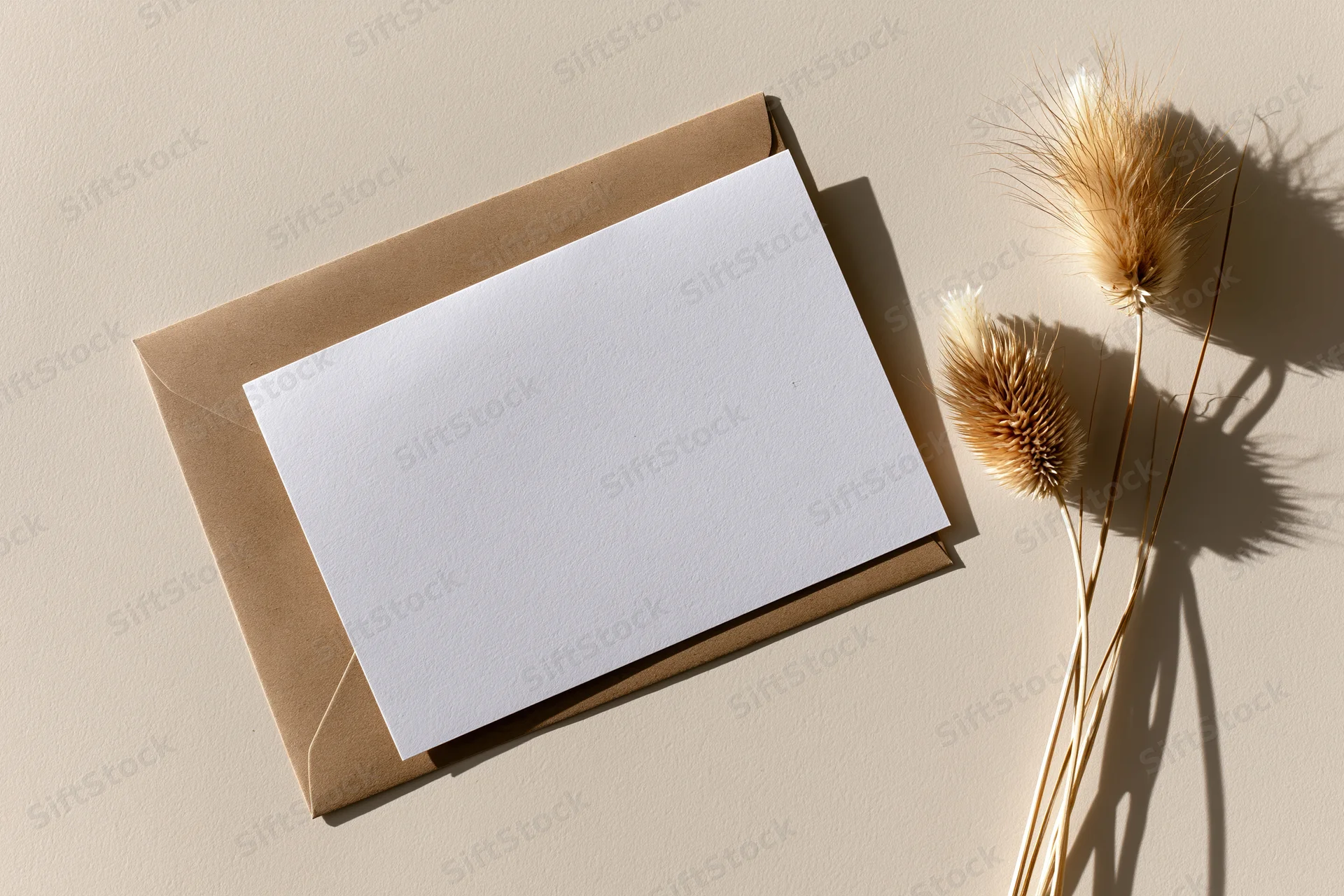 Blank white card on kraft envelope with dried pampas grass in flat lay arrangement
