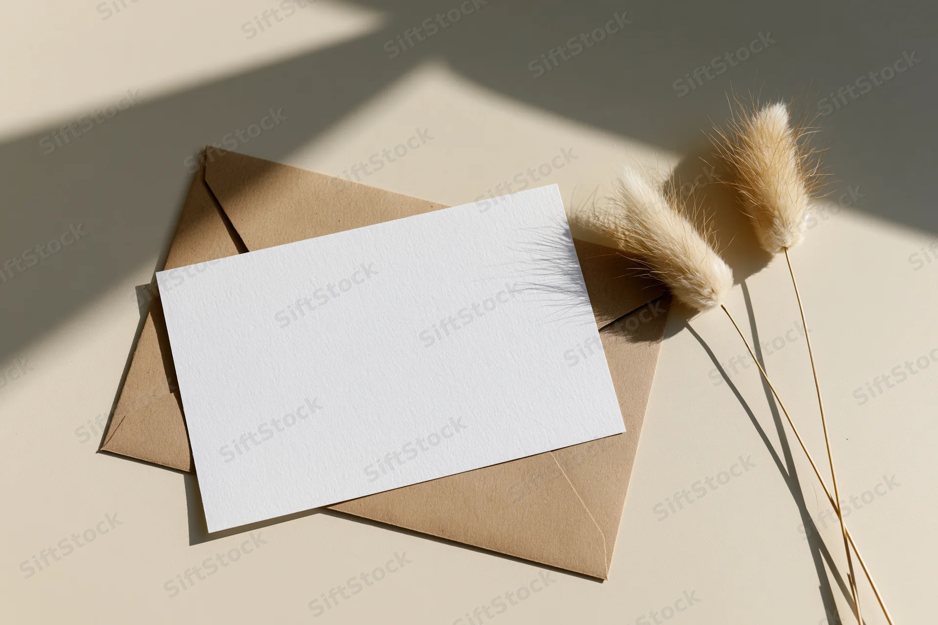 Blank white card on kraft envelope with dried pampas grass in flat lay arrangement