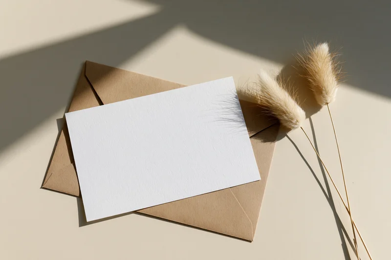 Blank white card on kraft envelope with dried pampas grass in flat lay arrangement