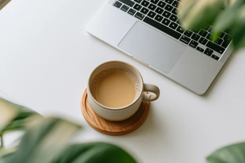 Ceramic mug of coffee on wooden coaster beside silver laptop keyboard on white desk with green foliage around