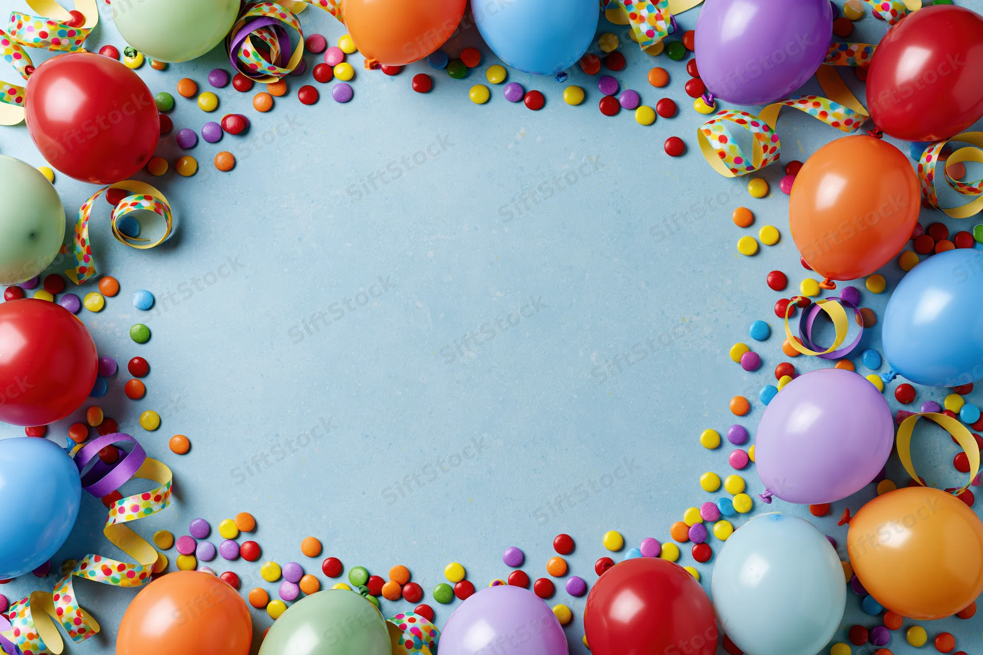Colorful party balloons and streamers arranged in a frame around a blue surface with confetti and copyspace