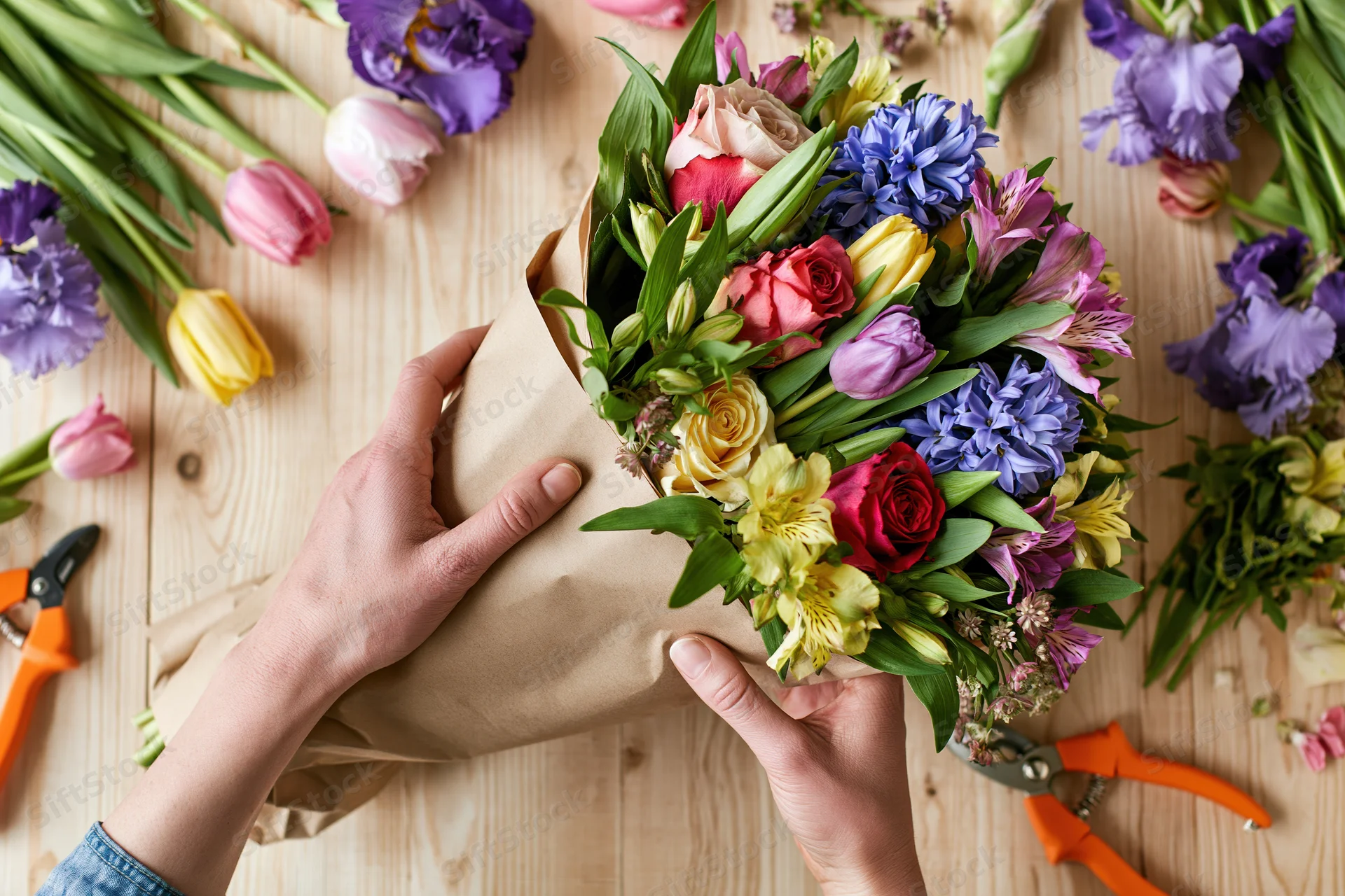 Florist hands wrapping a mixed bouquet of roses, hyacinths, tulips and irises on a wooden table