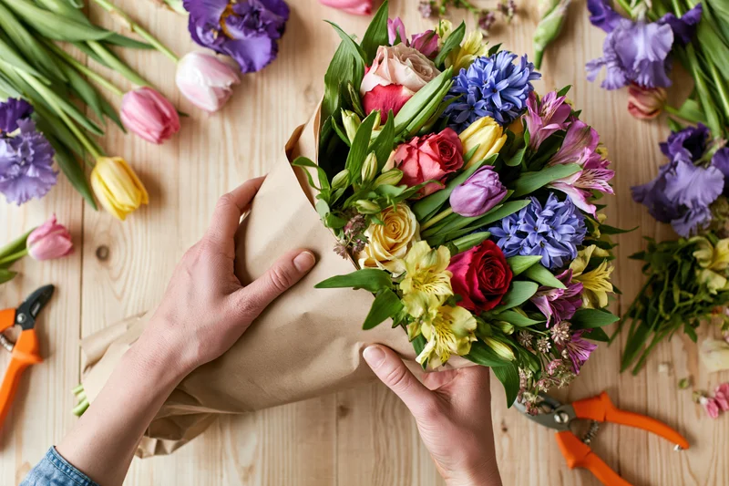 Florist hands wrapping a mixed bouquet of roses, hyacinths, tulips and irises on a wooden table